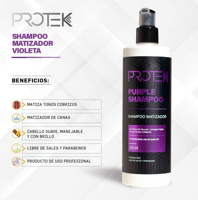 Shampoo Matizador Morado Anti Amarillo para Cabello Rubio / Canas Protek 360 mL