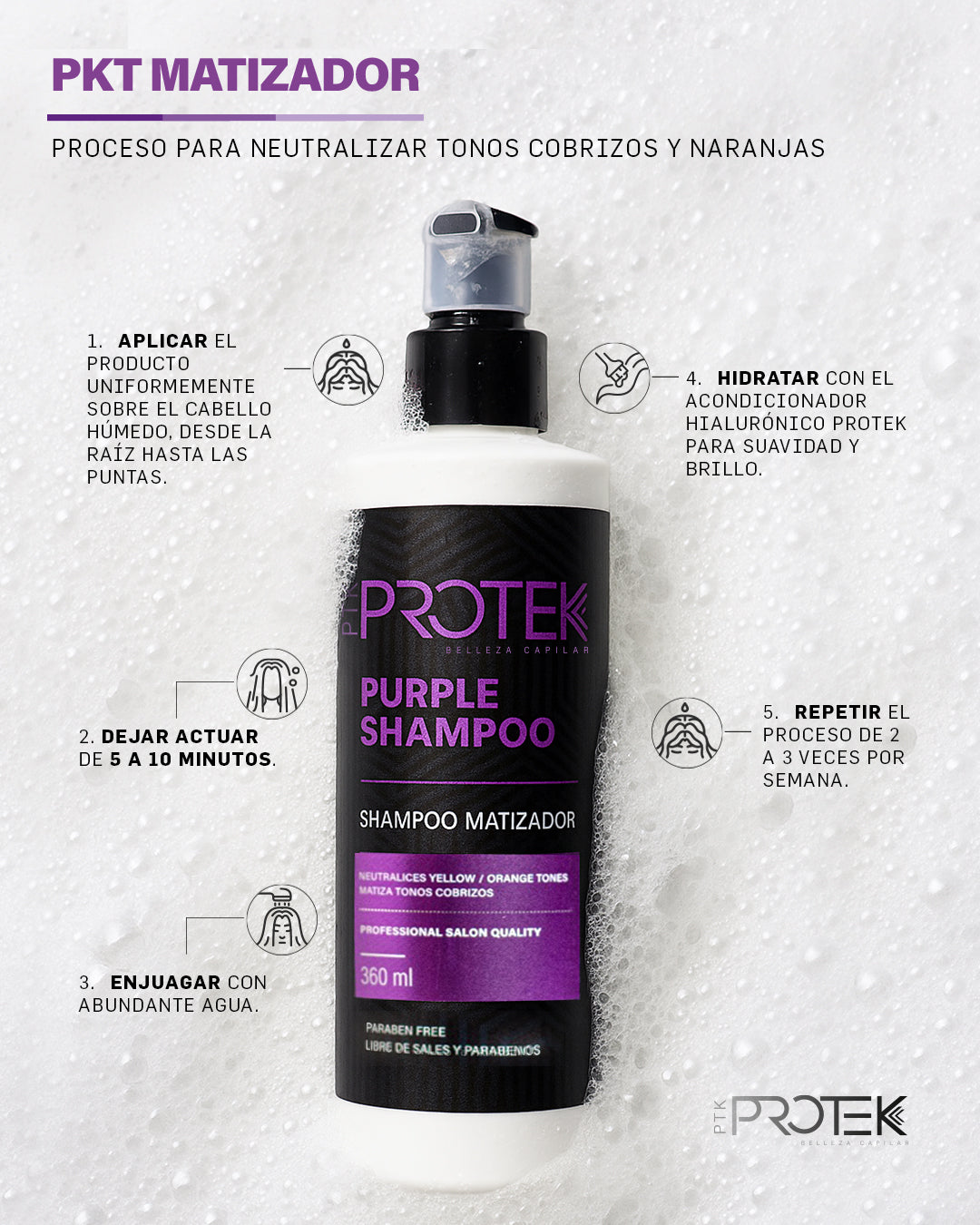 Shampoo Matizador Morado Anti Amarillo para Cabello Rubio / Canas Protek 360 mL